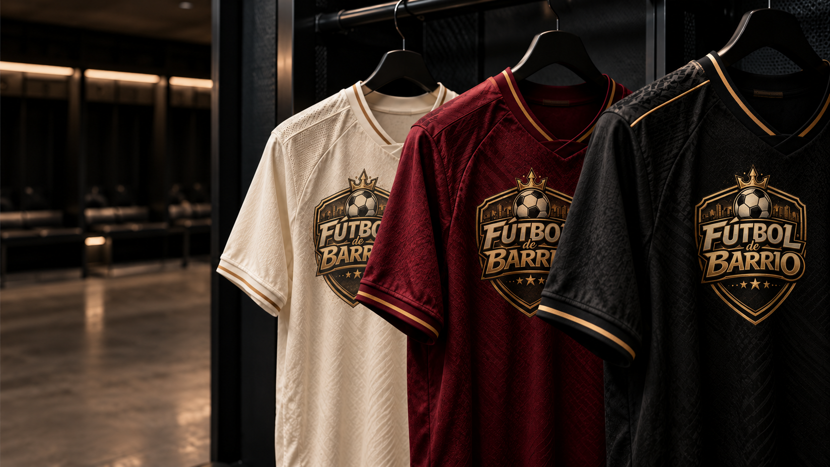 Tres camisetas con el escudo de Fútbol de Barrio serigrafiado